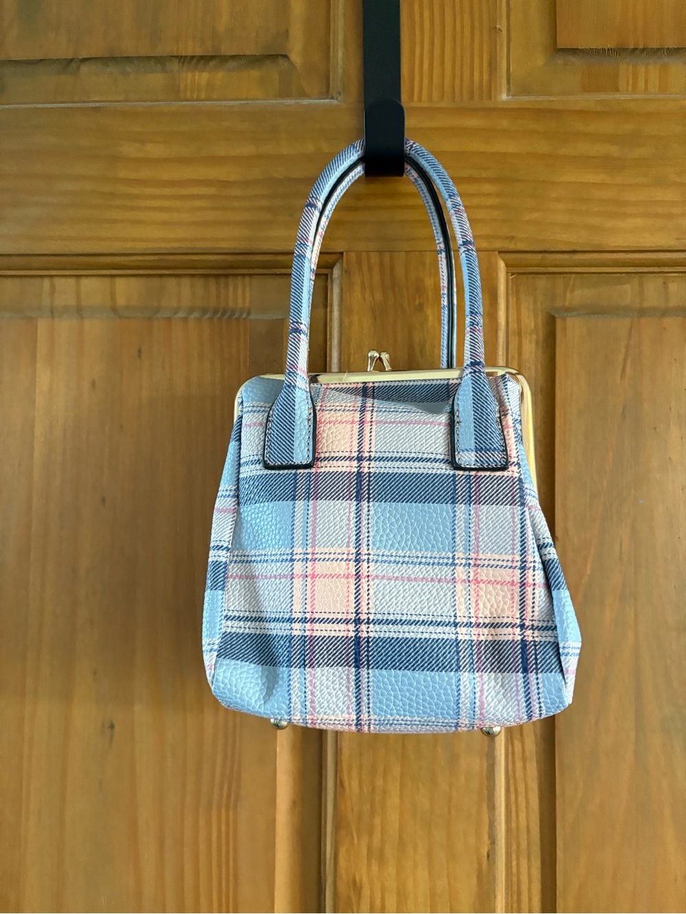 Cato Plaid Blue and Pink Top Snap Handle Bag